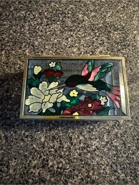 VTG Joan Baker Hand-Painted Stained Glass Brass Hinged Trinket Box